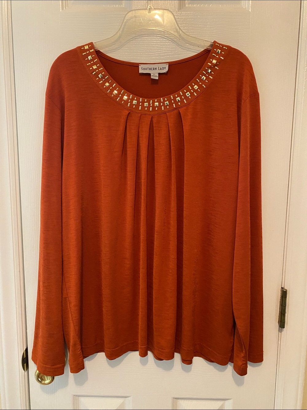Southern Lady Rust Long Sleeve Top with Beaded Neckline